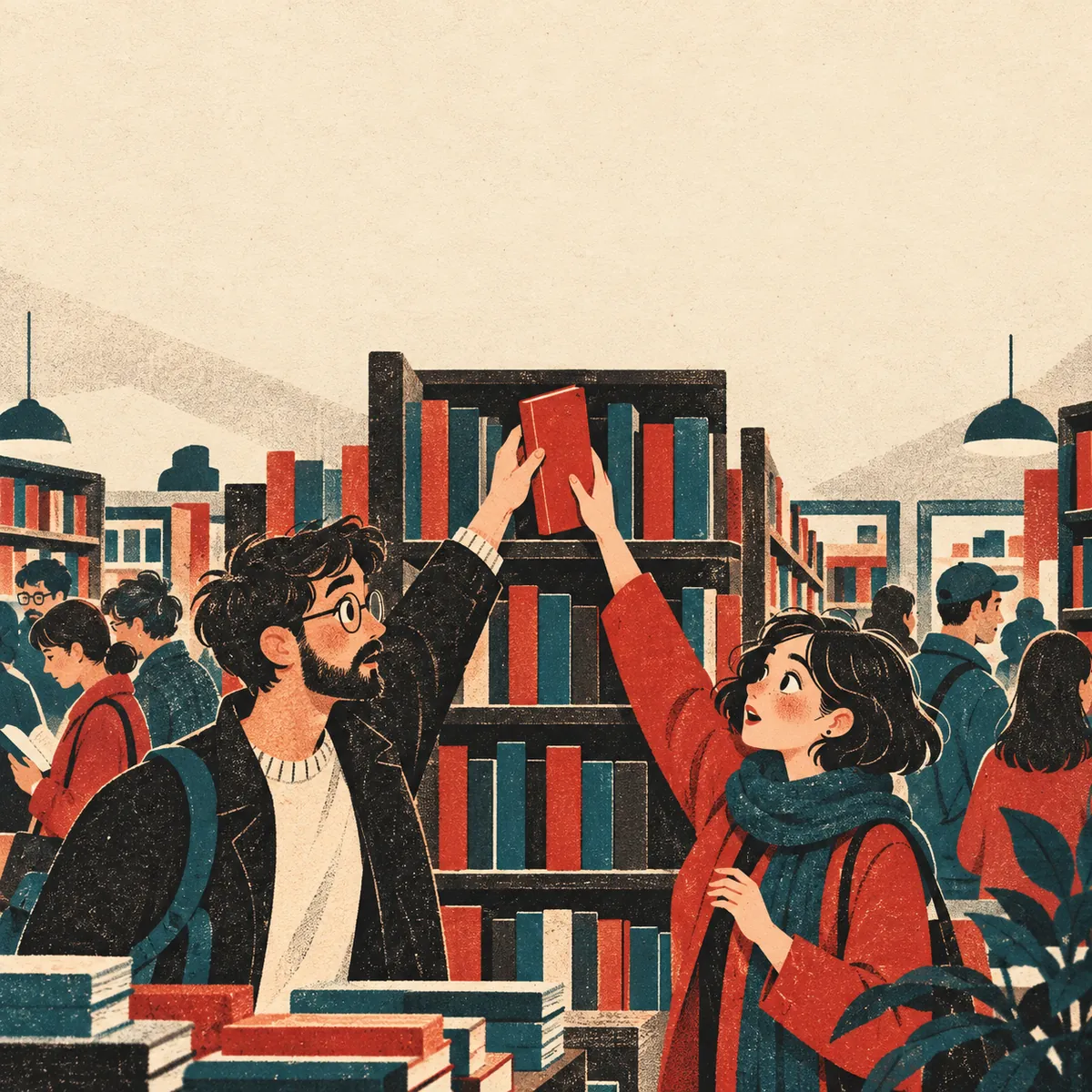 Retro print illustration of two people reaching for the last copy of the same book in a bookshop