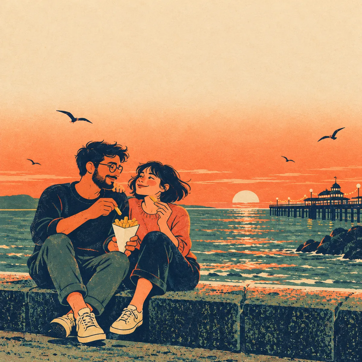 Retro print illustration of a couple sharing chips by the sea at sunset