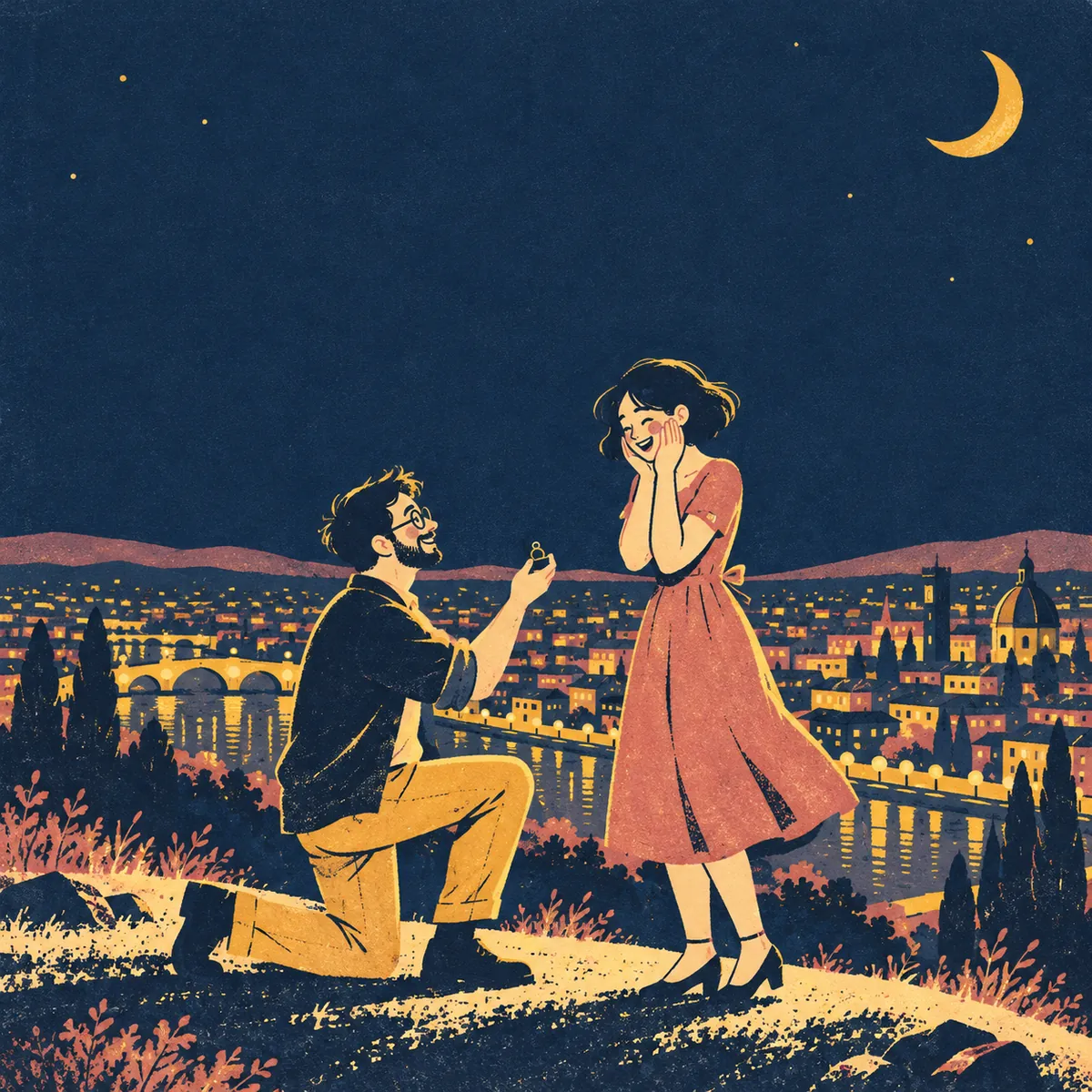 Retro print illustration of a man proposing on a hill above a city at night