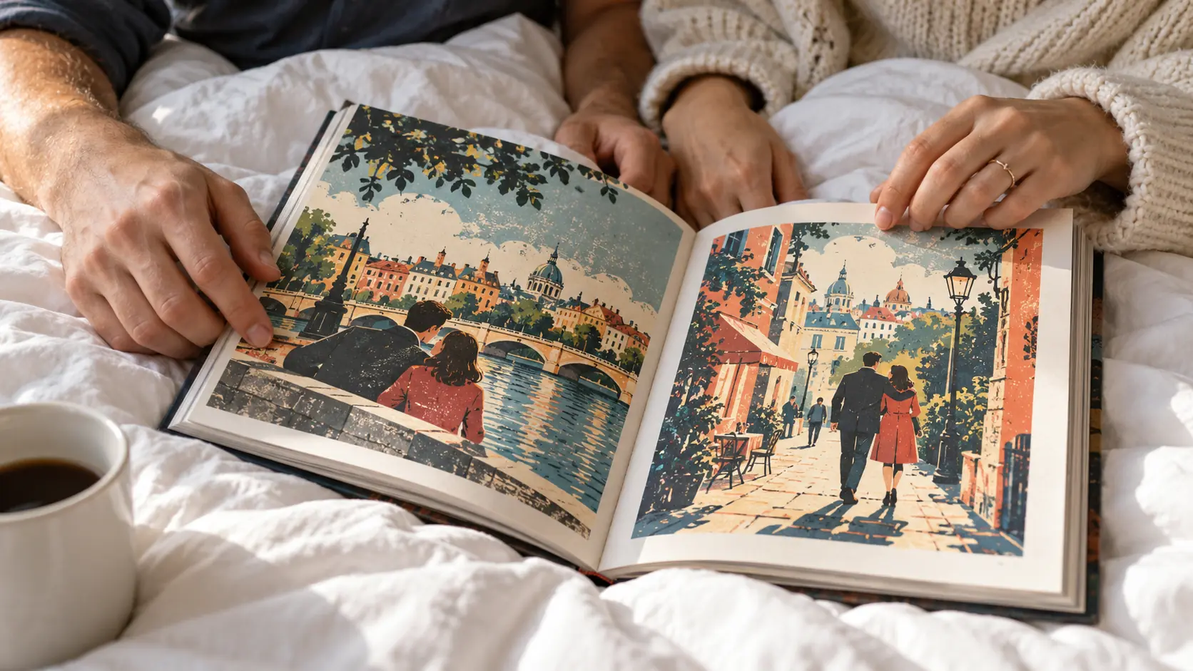 Two people’s hands on a duvet turning the pages of their love story picture book