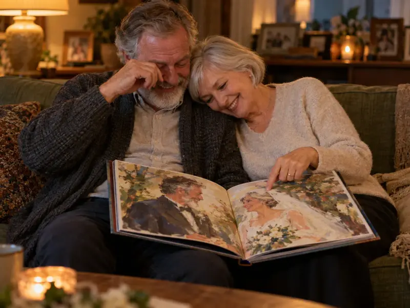 A couple in their sixties on the sofa laughing over their anniversary picture book