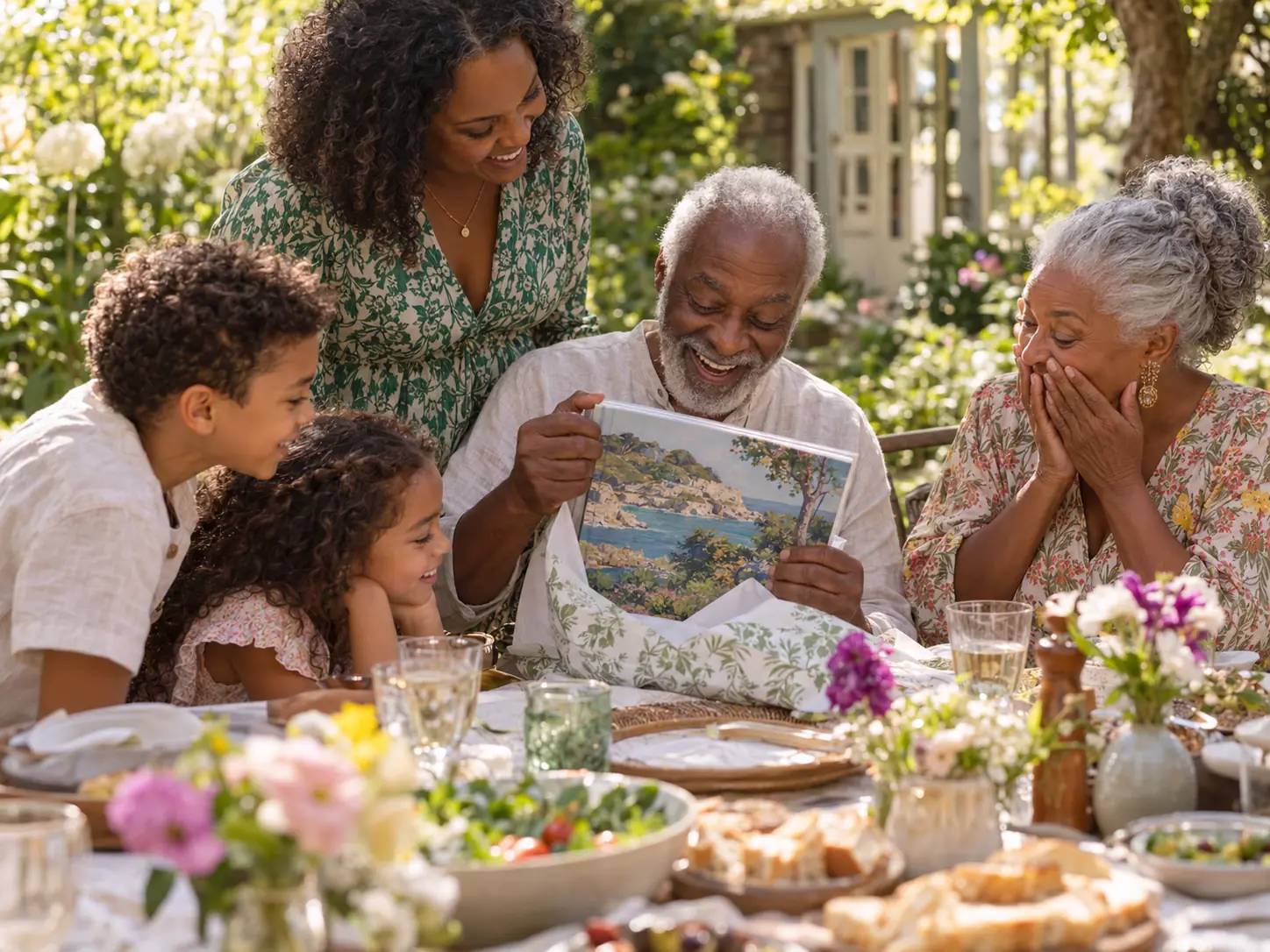 A woman giving her parents a wrapped anniversary book at a family lunch in the garden
