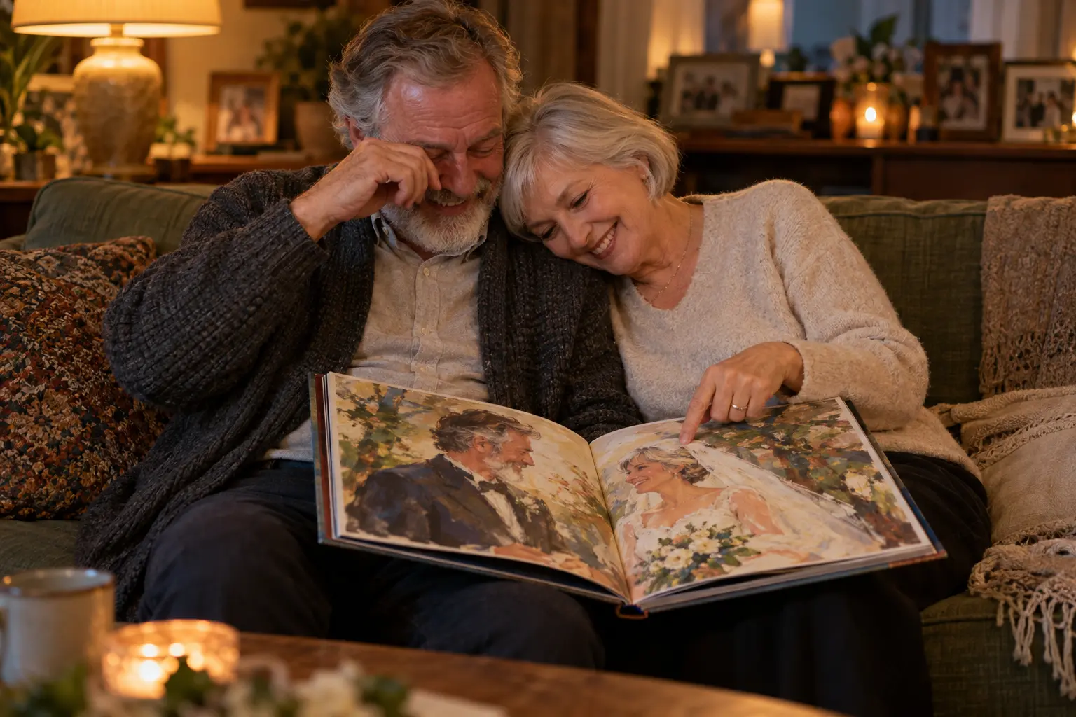 A couple in their sixties laughing and wiping away a tear over their wedding anniversary picture book on the sofa