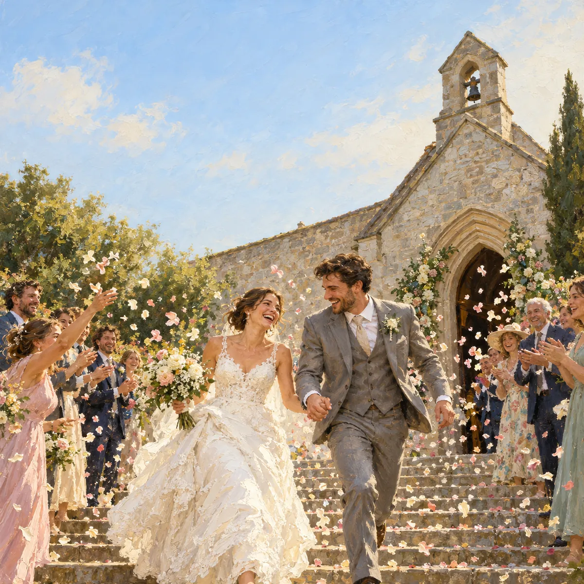 Oil painting of a bride and groom running out of a stone church under confetti