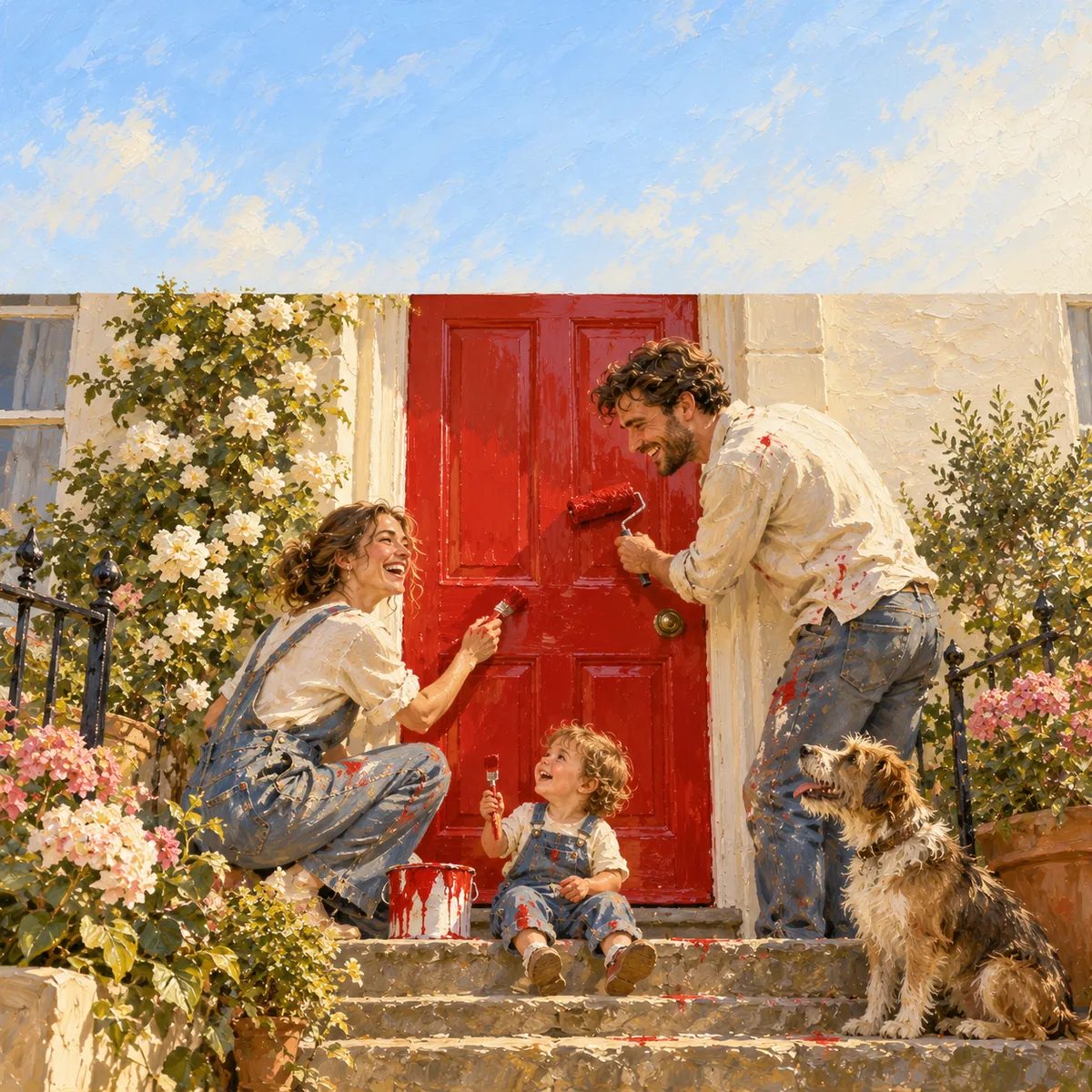 Oil painting of a young couple painting the front door of their first house red