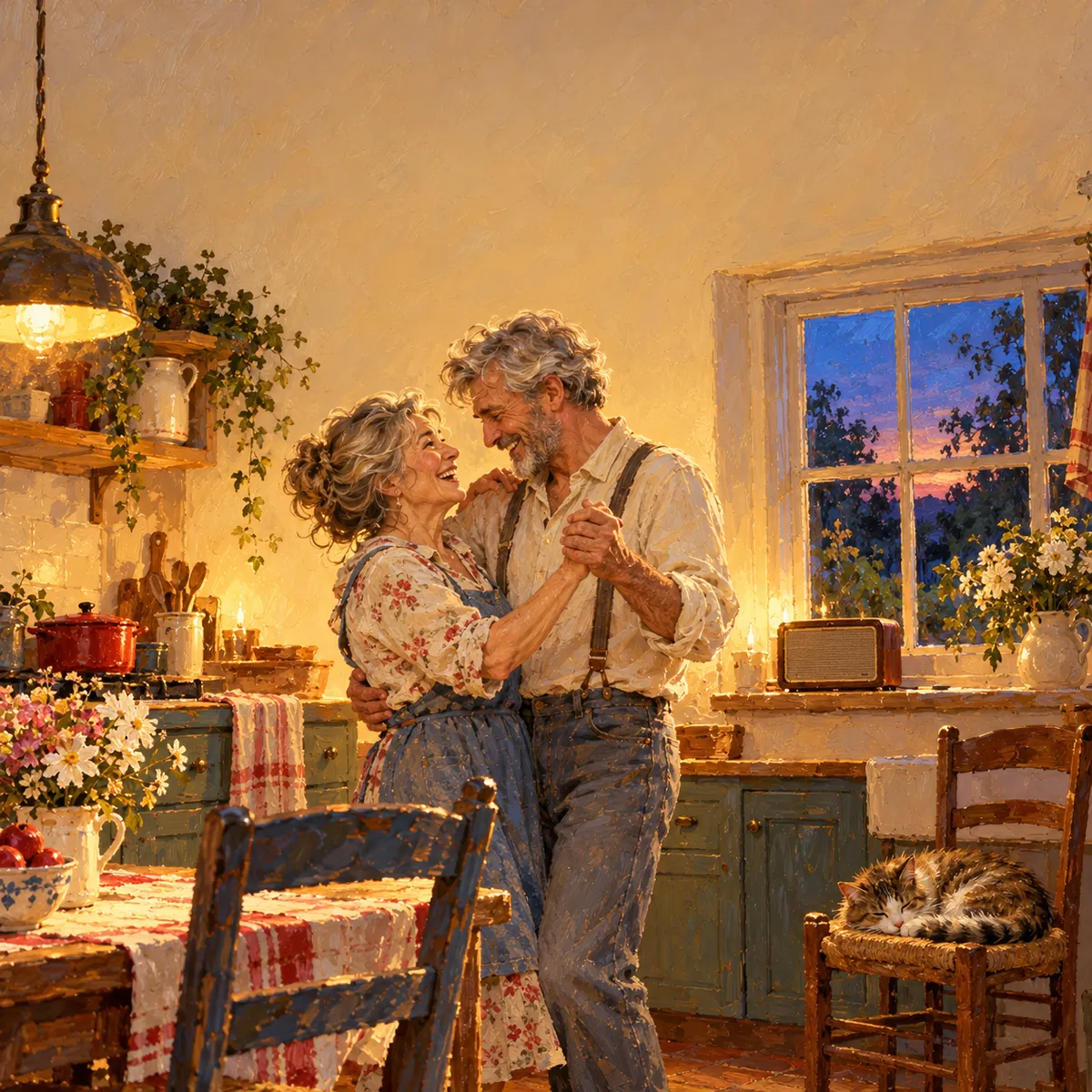 Oil painting of an older couple dancing in their kitchen in the evening