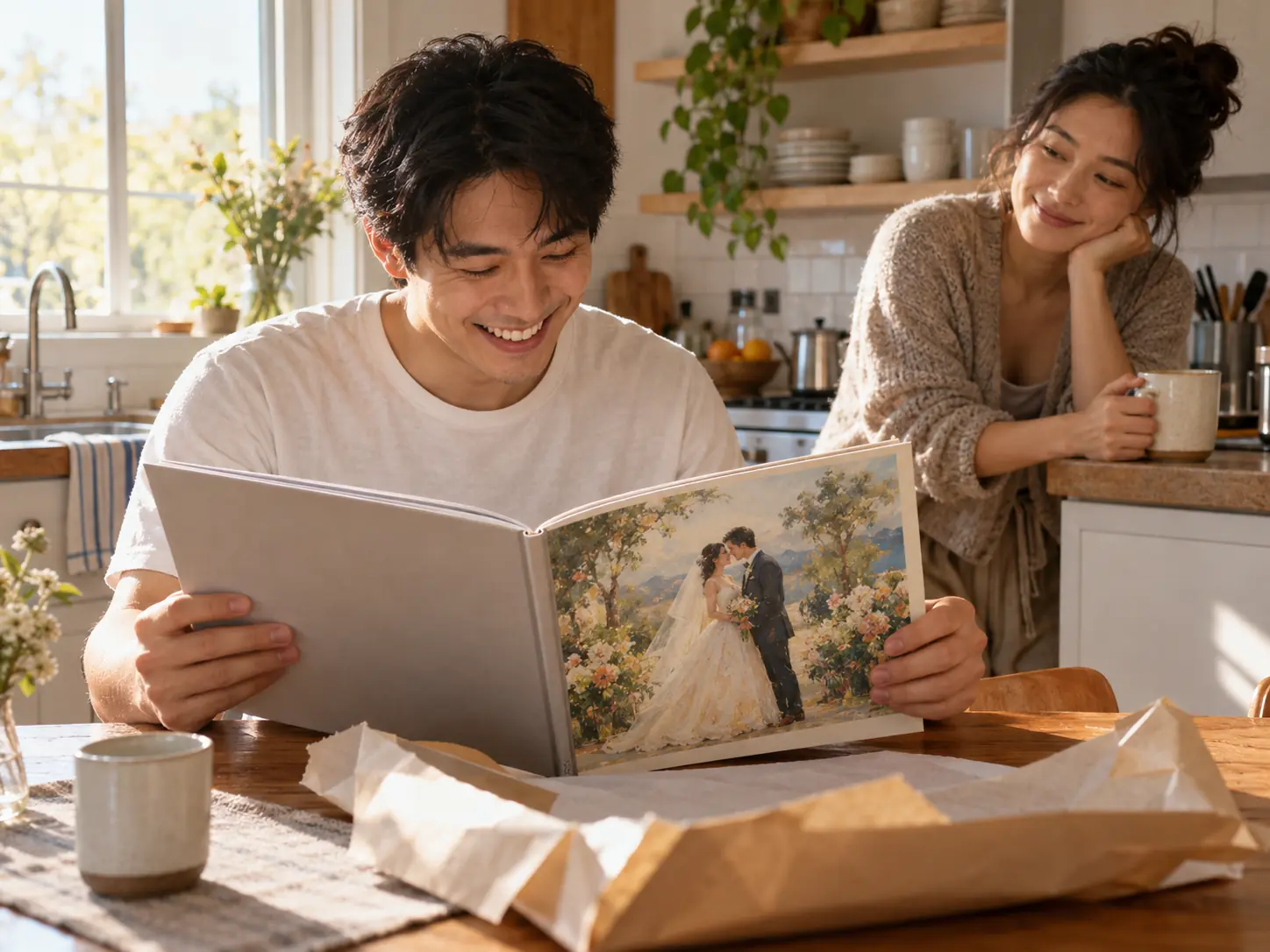 A young husband grinning as he reads the anniversary book his wife gave him at breakfast