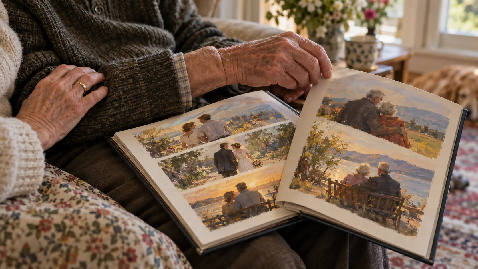 Close view of an older man’s hands turning a page of the anniversary picture book on his wife’s lap