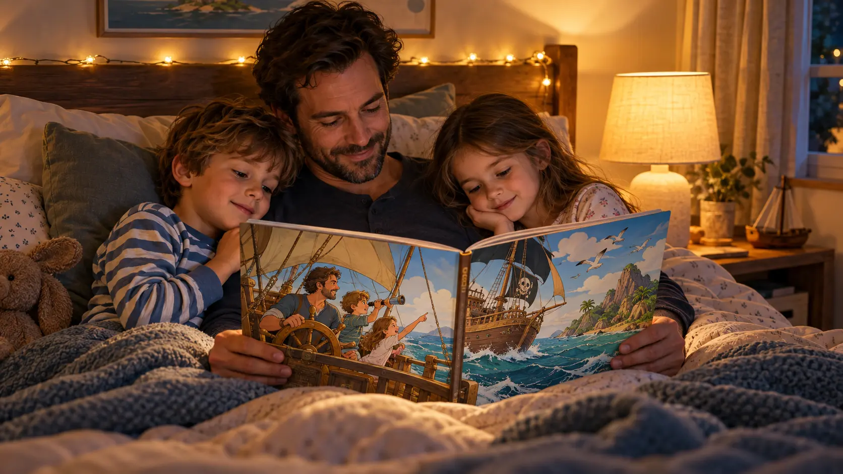 A father and his two children reading a comic-style picture book about their family at bedtime