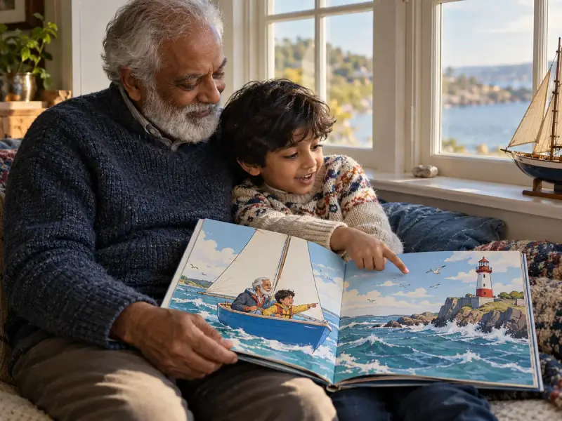 A grandfather and his grandson reading a comic-style picture book about the two of them