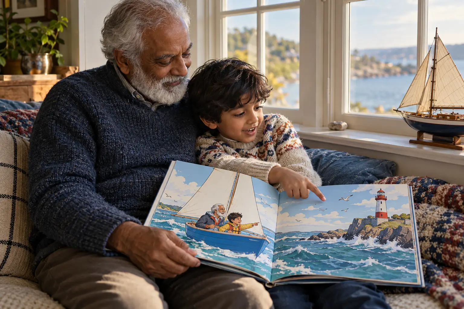 A grandfather and his grandson in a window seat reading a comic-style picture book about the two of them