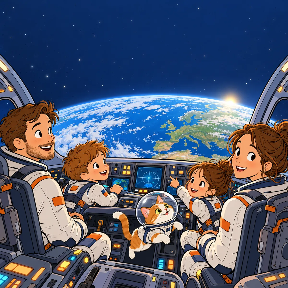 Clear-line comic illustration of a family and their cat in a rocket looking at the Earth