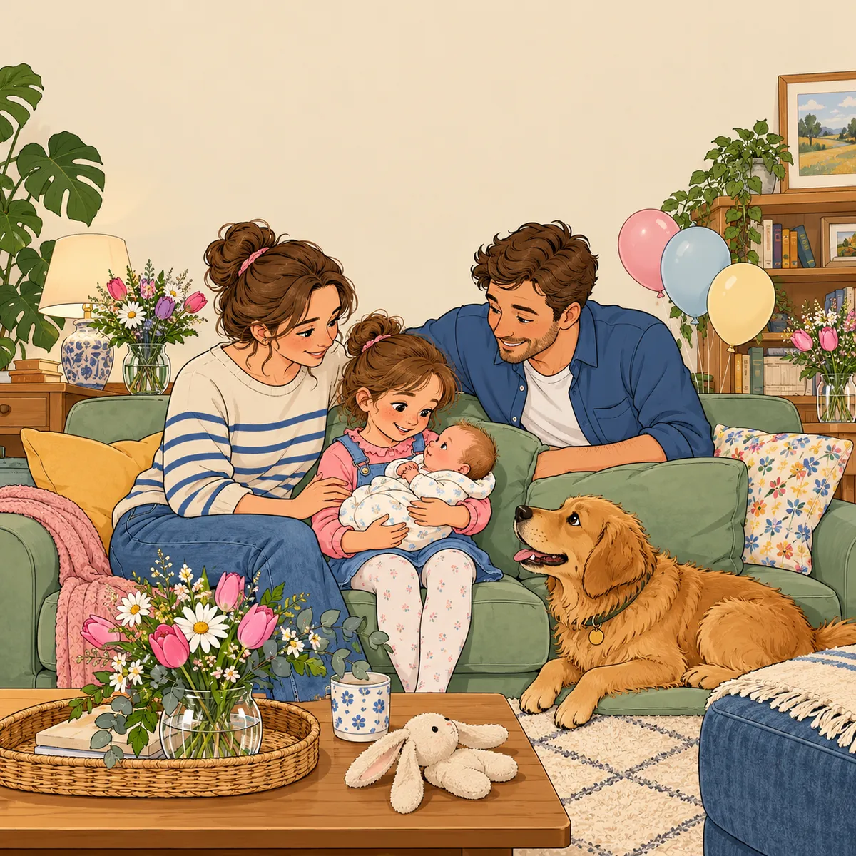 Clear-line comic illustration of a big sister holding her new baby brother on the sofa