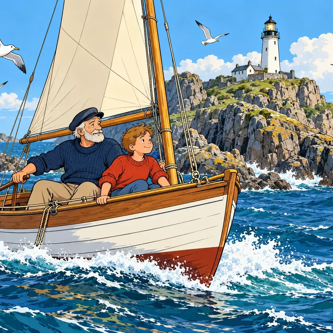 Clear-line comic illustration of a grandfather and grandson sailing past a lighthouse