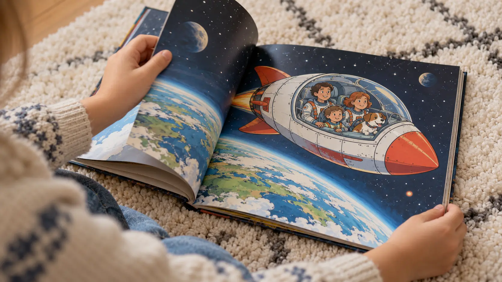 A child’s hands flipping the pages of a comic-style picture book about a family in a rocket
