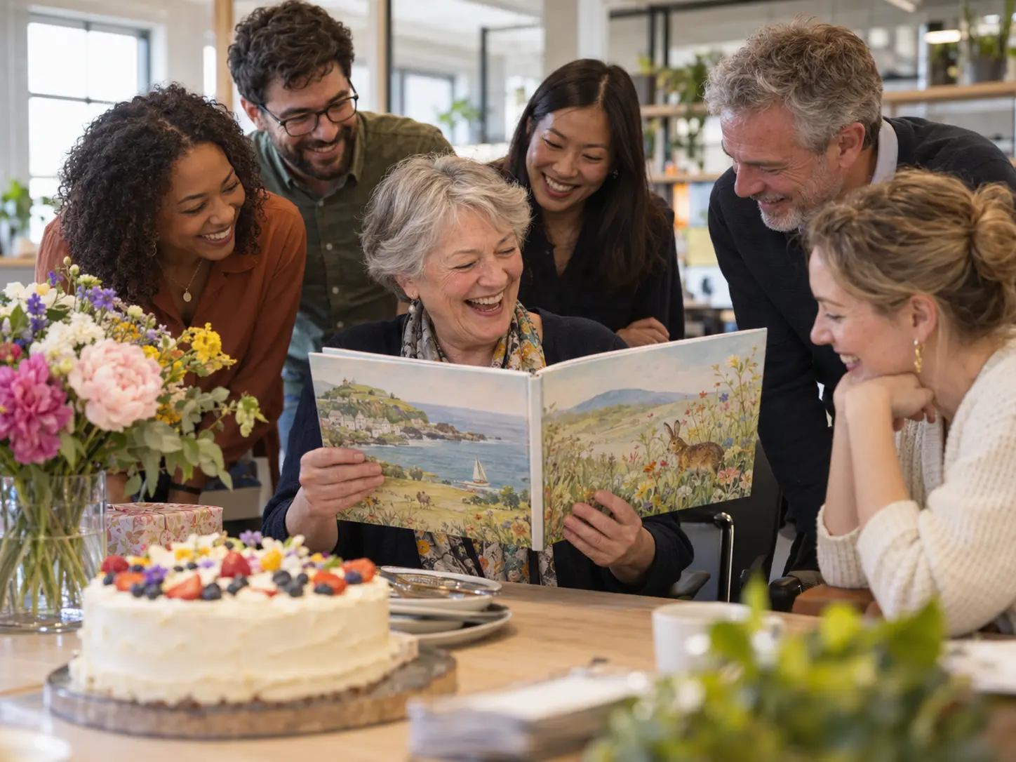 A woman laughing at her office leaving party as colleagues look at her picture book over her shoulder