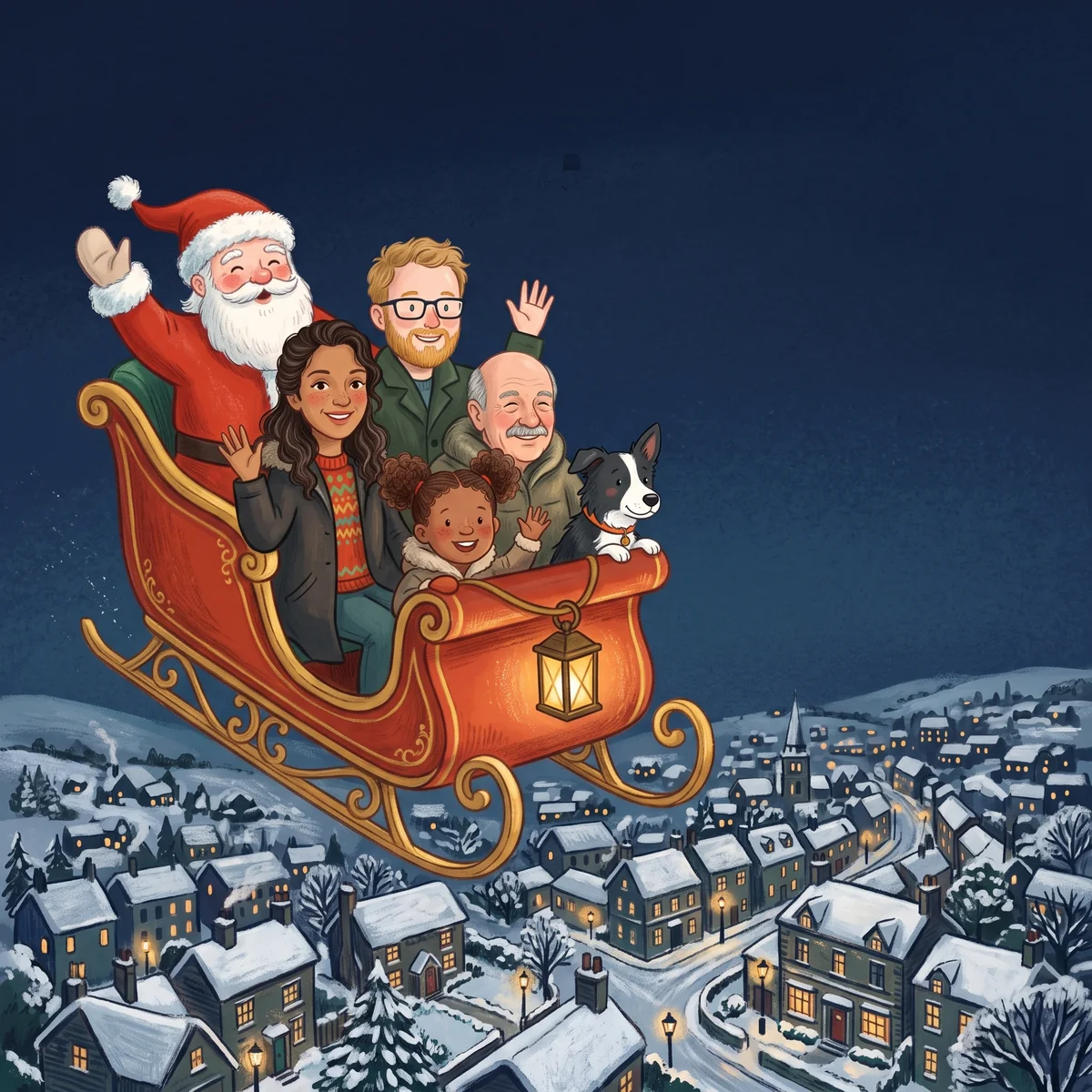 Storybook illustration of a family decorating a Christmas tree together
