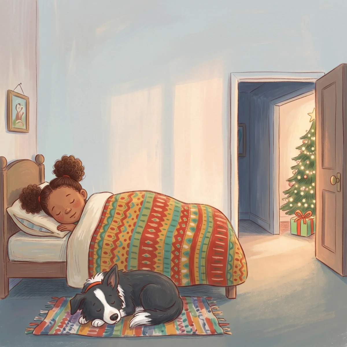 Storybook illustration of a family and their dog pushing a stuck red sleigh out of the snow in a town square at night