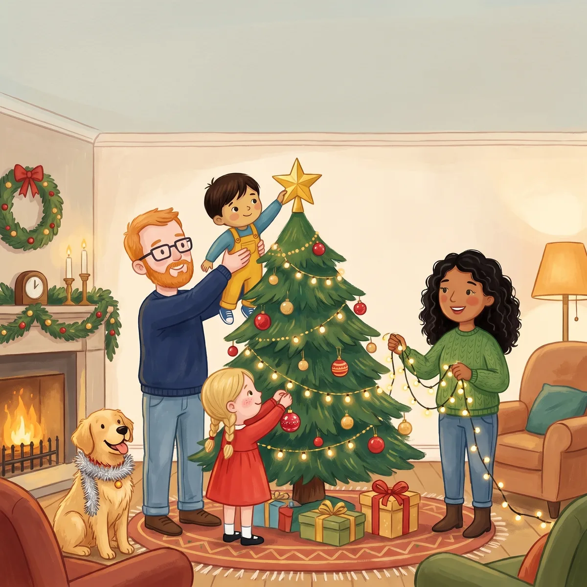 Sample page: a family decorating the Christmas tree