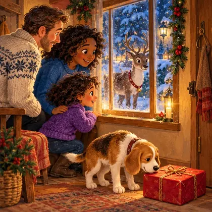 Maya and her family meet a reindeer at the window, an illustrated sample scene