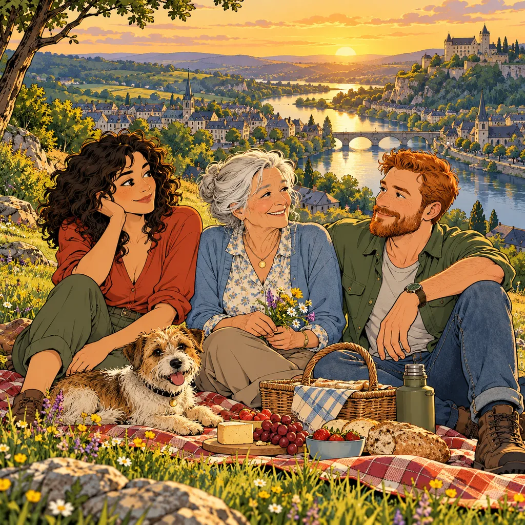 A picnic on a hill in the Clear line style