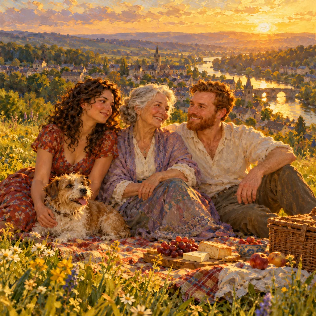 A picnic on a hill in the Oil painting style
