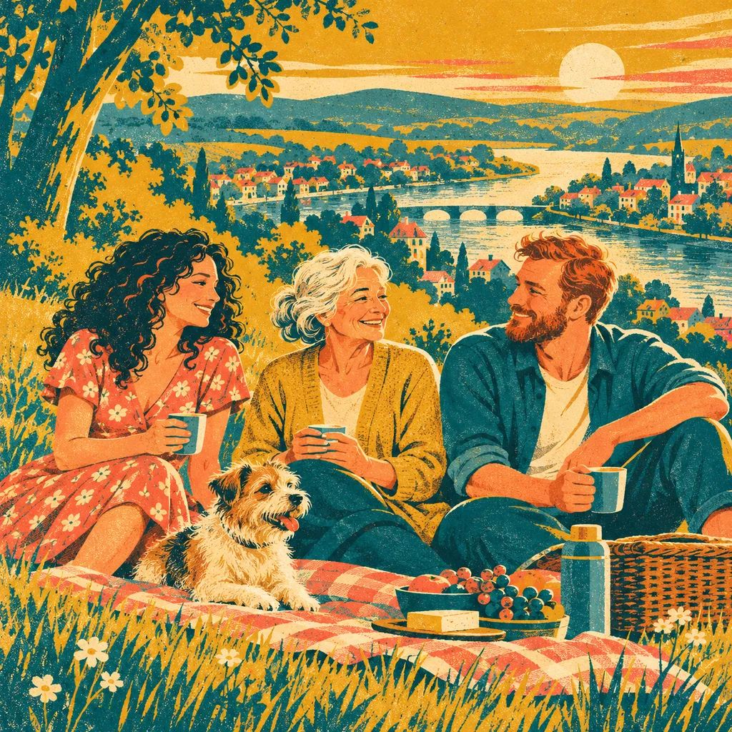 A picnic on a hill in the Retro print style