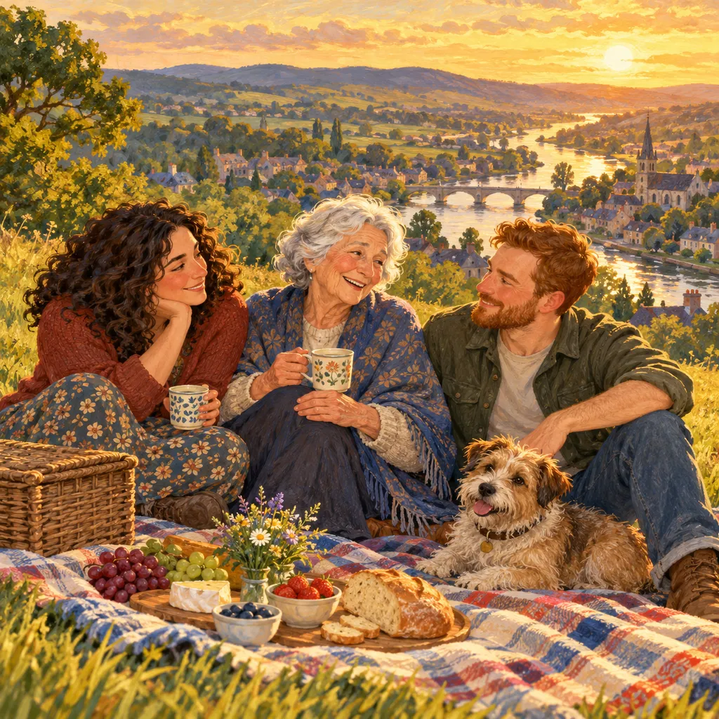 A picnic on a hill in the Storybook style